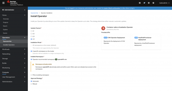 Figure 4: Configure the Openshift Virtualization installation. Figure 4: Configure the Openshift Virtualization installation.