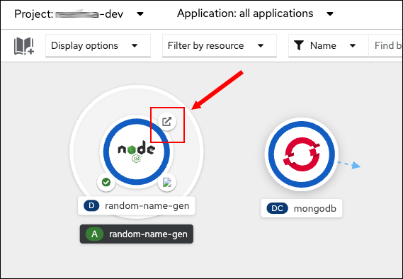 A built application will display a dark blue circle which means the application is up and running and accessible on the Internet by clicking the icon on the upper right of the graphic.
