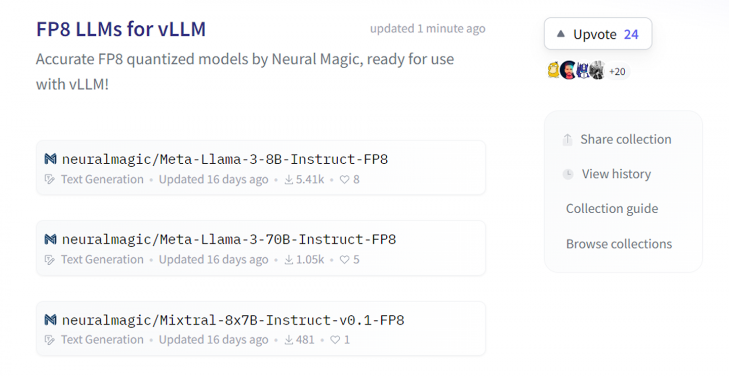 A list of FP8 checkpoints of popular LLMs ready to use with vLLM on huggingface.co.